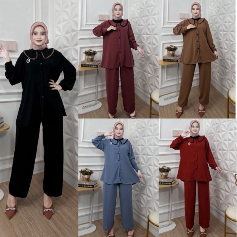 Baju Wanita Dewasa Lengan Panjang Dan Celana panjang Crinkle Airflow Setelan Kekinian/Setelan Modern