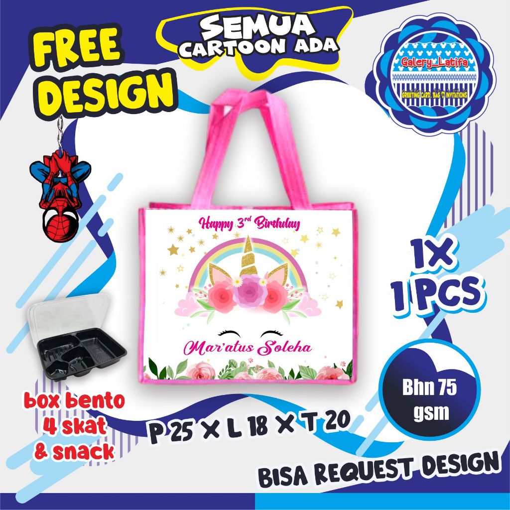 

GOODIE BAG ULANG TAHUN CUSTOM /TAS ULTAH MURAH/ TAS ULTAH LUCU BISA REQUEST FOTO DAN DESAIN SEMUA KARTUN BISA MUAT BOX BENTO 4 Skat