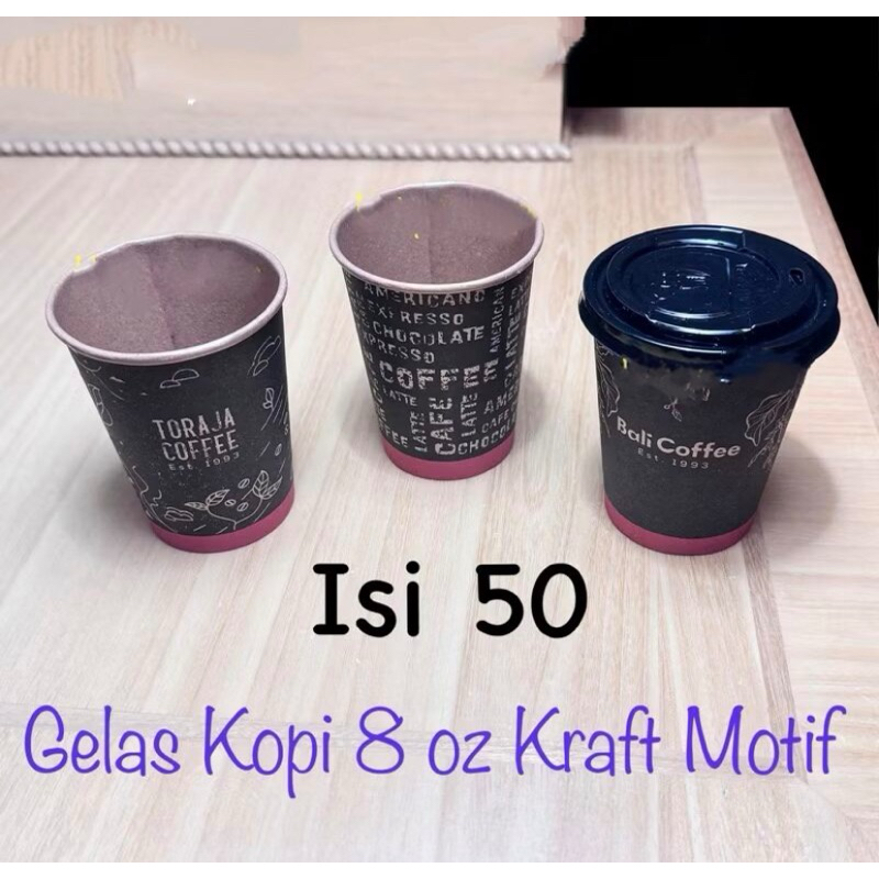 Kraft Motif dengan tutup dan sedotan / Gelas Kopi Kertas Hot Tahan Panas 8 oz 8oz + tutup + sedotan 