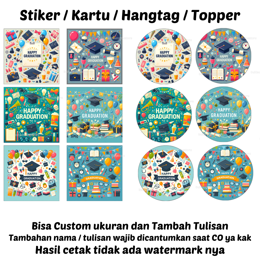 Sticker Stiker / Kartu Ucapan / Topper / Hangtag Happy Graduation label piala selamat wisuda dekoras