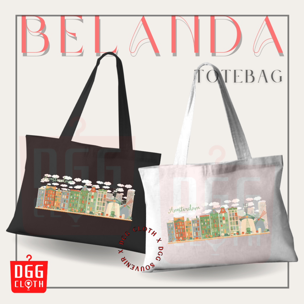 DGGCloth Tote Bag Belanda Amsterdam Totebag Sablon Oleh Oleh Belanda Bahan Blacu Dengan Perekat  6