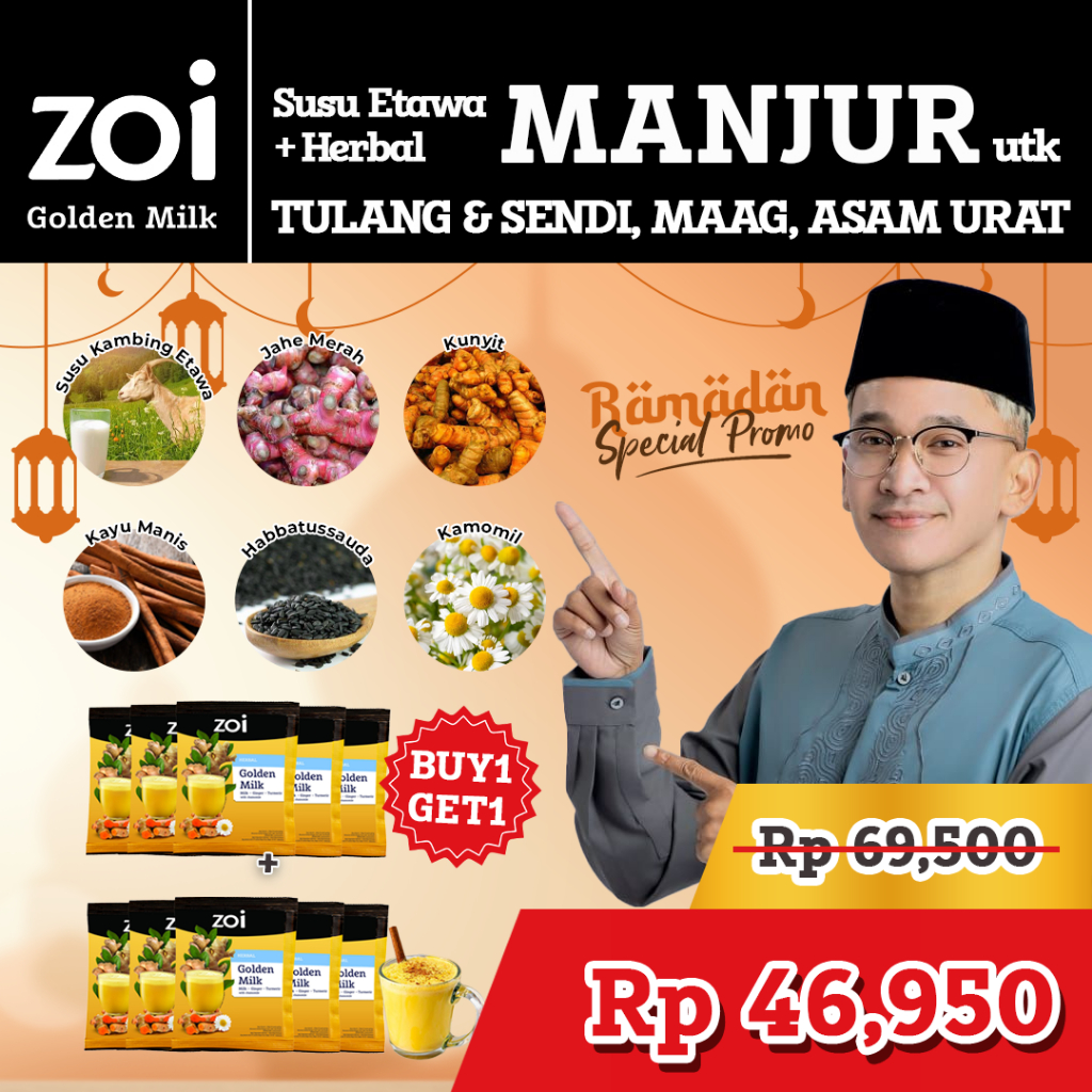 

BELI Paket 5 SACHET Dapat 10 SACHET RUBEN x ZOI Golden Milk. Susu Herbal Susu Sehat Susu Kambing, Jahe dan Kunyit