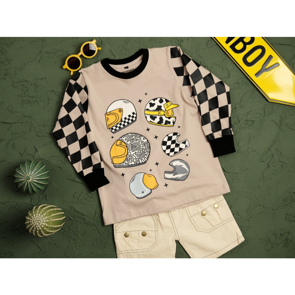 Kaos Lengan Panjang Anak Helm Cream Checkerboard