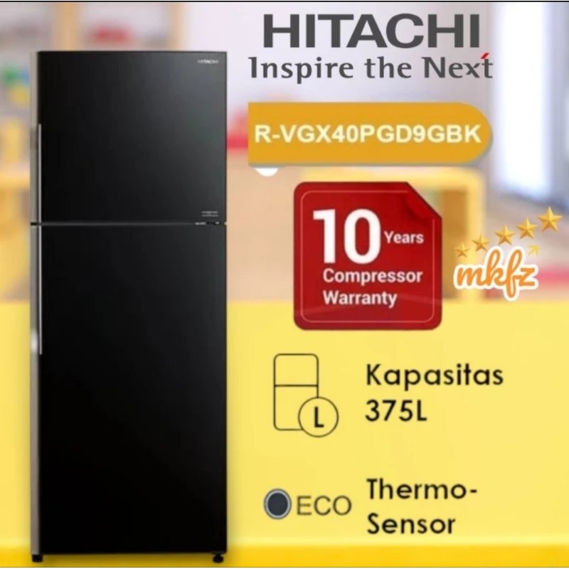 KULKAS HITACHI 2PINTU BLACK GLASS TYPE RVGX40PGD9GBK(GARANSI RESMI)