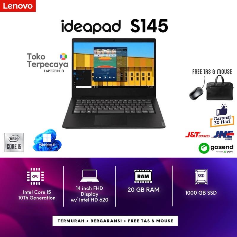LAPTOP LENOVO IDEAPAD S145 - CORE I5 GEN 10 - 20GB RAM - 256GB SSD MULUS ORIGINAL