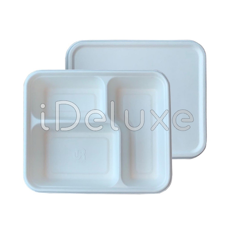 BAGASSE LUNCH BOX SEKAT 3 WHITE + LID (TUTUP)/ BOX BENTO SEKAT 3