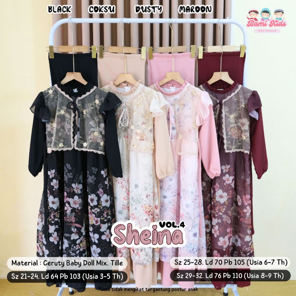 SHEINA VOL.4 DRESS ANAK 3 - 9 TAHUN PEREMPUAN BAHAN CERUTY BABYDOLL MIX TILLE PREMIUM ORI BAMI KIDS