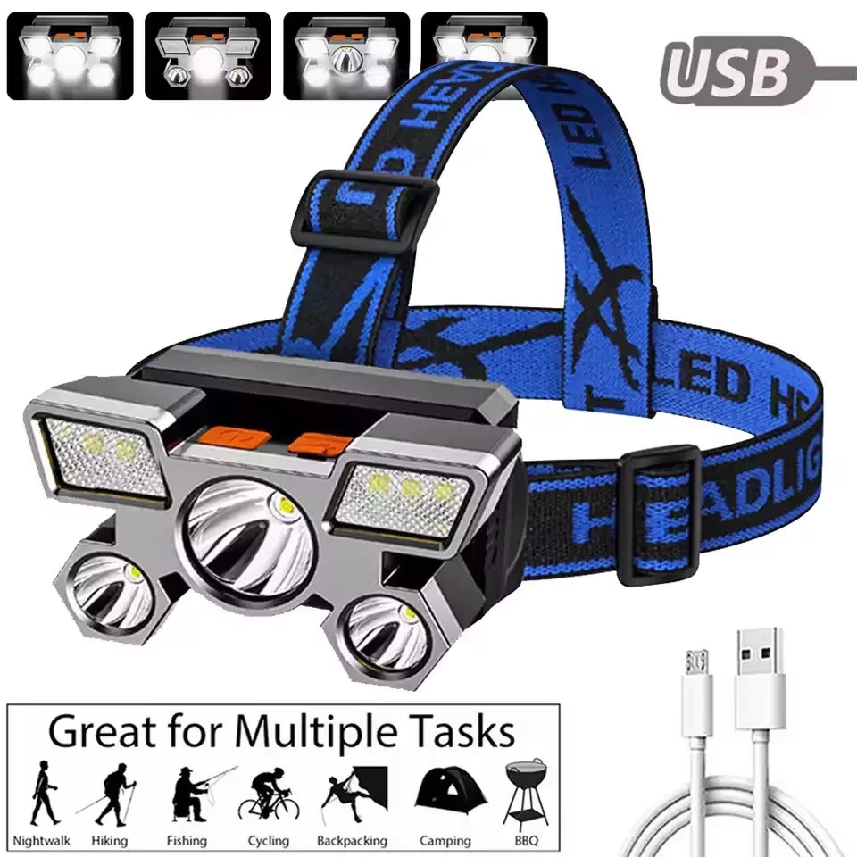 Headlamp Senter Kepala 5 LED || Lampu Camping Hiking Outdoor || USB Rechargeable Headlamp