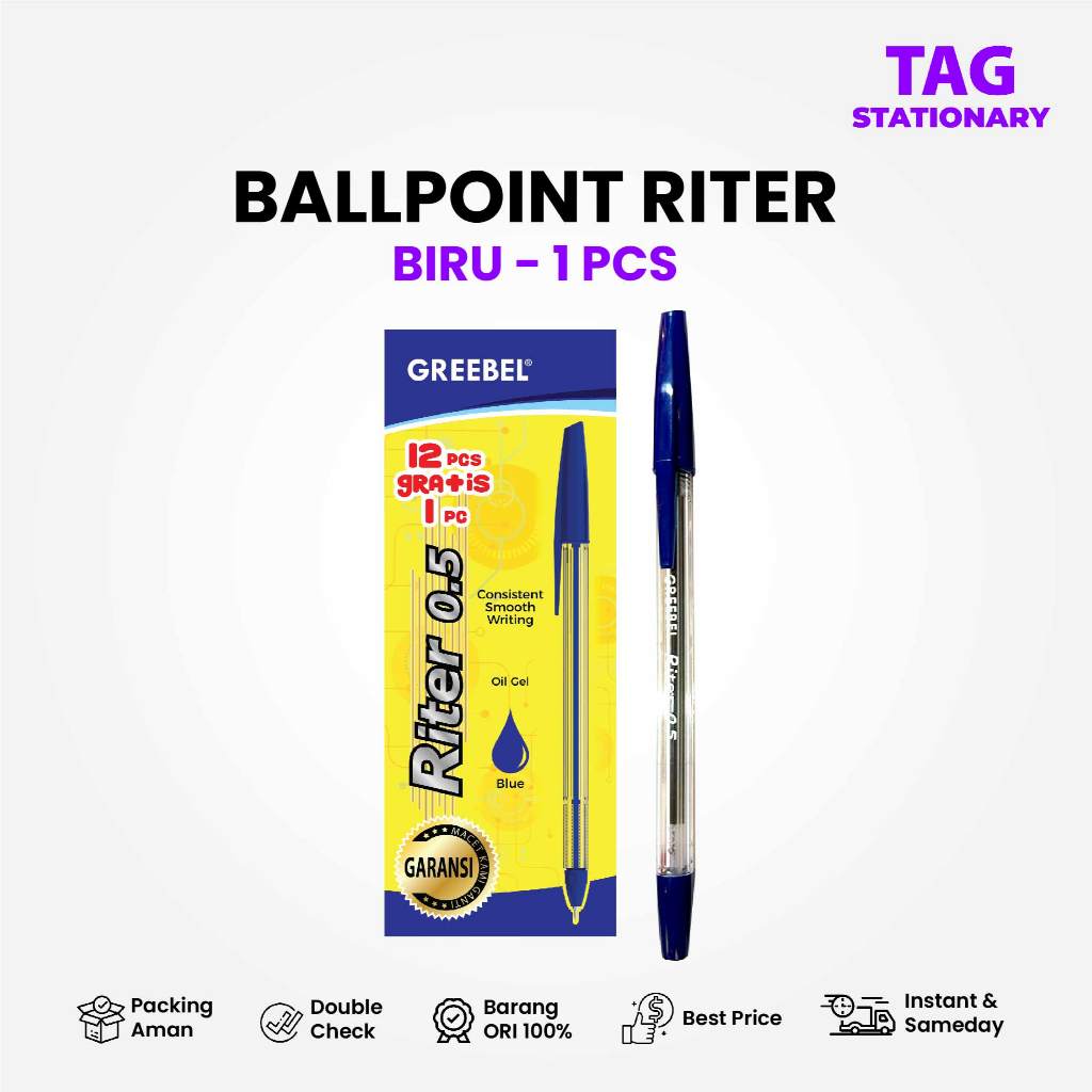 

GREEBEL Pulpen / Ballpen Riter 0.5 Biru (1 PCS) / Ballpoint Bolpen Pena Timur Agung Grosir