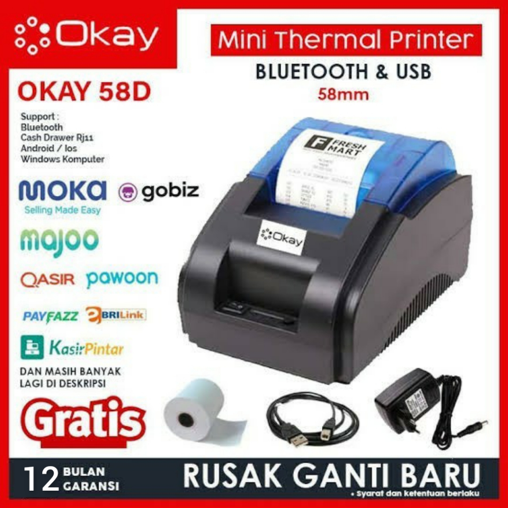 PRINTER BLUETOOTH KASIR / PPOB POS THERMAL 58MM OK-58D MOKA POS