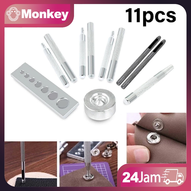 

11Pcs/Set Alat Pasang Kancing Snap besi Alat Ukir / Stempel Kulit Untuk Kerajinan Tangan - DIY Leather Craft - Alat Kerajinan Kulit - Pembolong Dan Matras Alas Getok Ketok Manual Snap Button