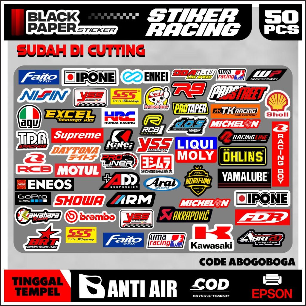 

Paket stiker racing isi 50 pcs berkualitas bahan vynil anti air