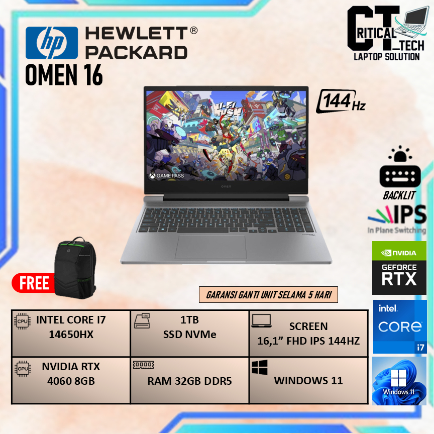 HP OMEN 16 I7 14650 RTX4060 8GB/ 32GB 1TB W11 16.1FHD IPS 144HZ