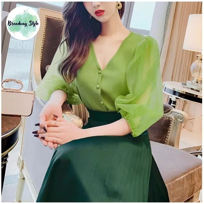 Baju Atasan Wanita Blouse Puff Knit Tulle Kancing Hijau Green Polos Knit Rajut Christmas Natalan Hij