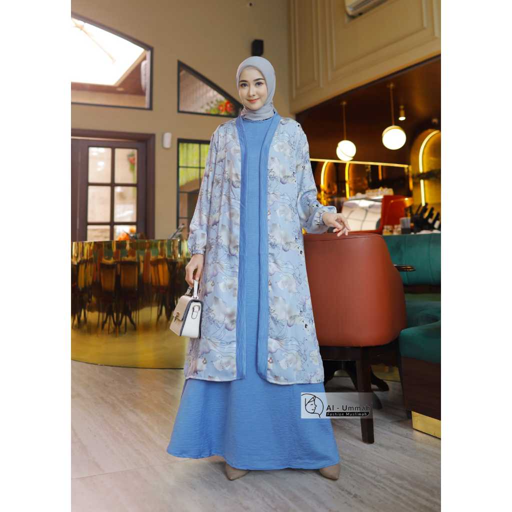 Gamis Wanita Outer Dan Inner Set Airflow Baju Perempuan Muslimah Motif Bunga Terbaru Al Ummah
