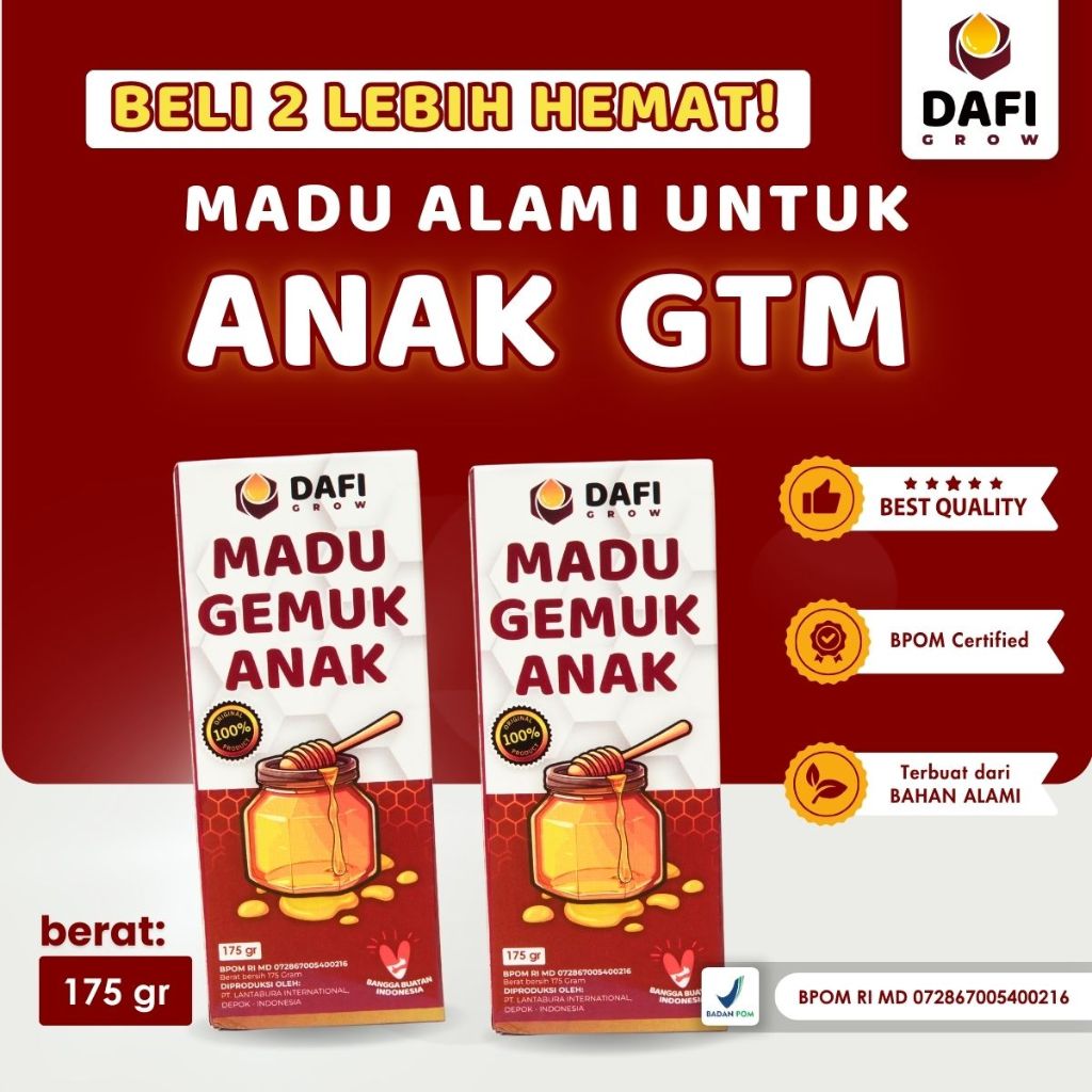 

DAFI GROW - Madu Penggemuk Anak Vitamin Dafi Grow Solusi Anak GTM, Rasa Manis Alami, Penambah Nafsu Makan BB Anak Naik, Nutrisi Penambah Berat Badan Anak, Anak Cerdas Daya Tahan Kuat