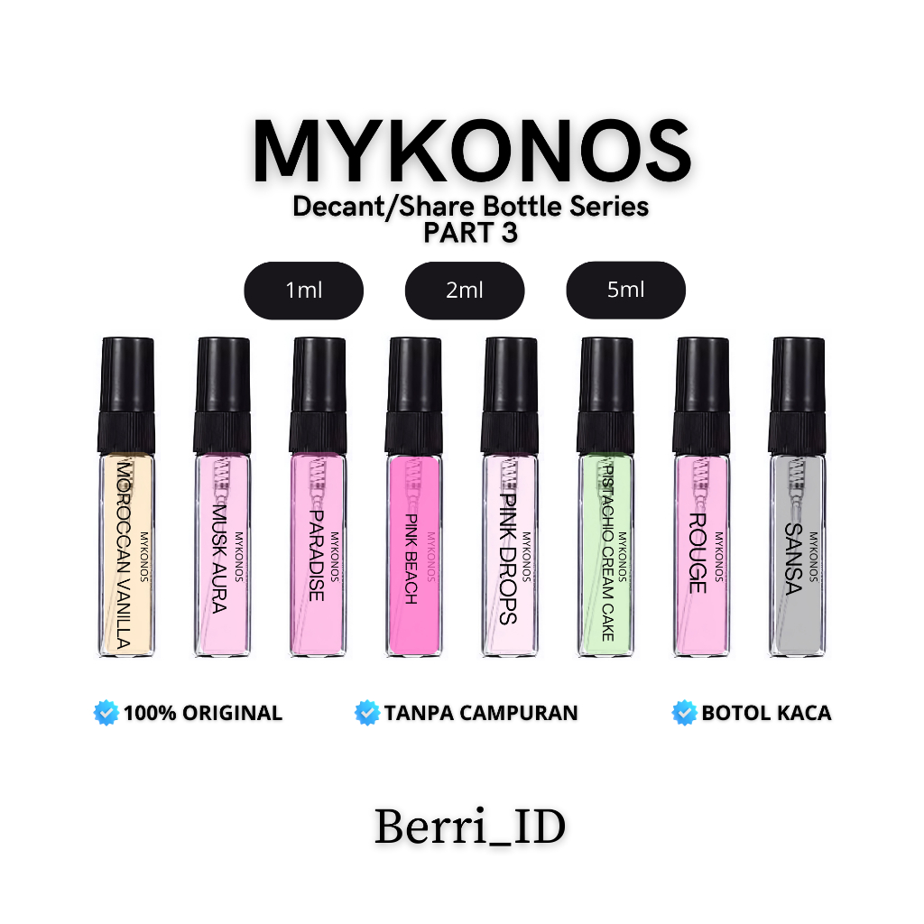 MYKONOS DECANT/SHARE BOTTLE 1, 2 & 5 ML | Pink Drops, Musk Aura, Sansa, Moroccan Vanilla, Paradise, 