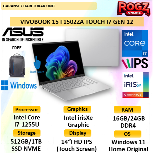 Asus Vivobook 15 Touch I7 Gen 12 40GB 1TB SSD WIN 11 F1502ZA 15.6 IPS