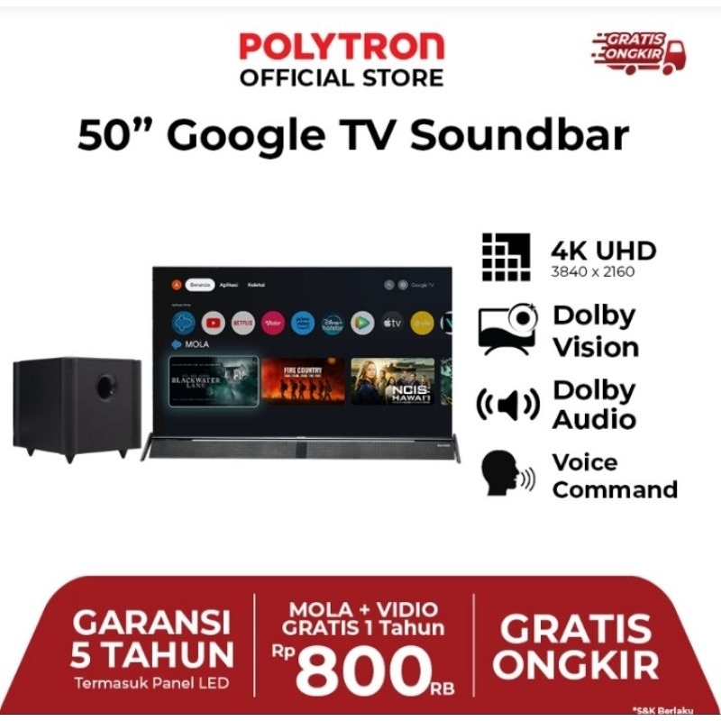 TV POLYTRON 4K UHD 50" inchi Cinemax SoundBar TV PLD-50BUG5058