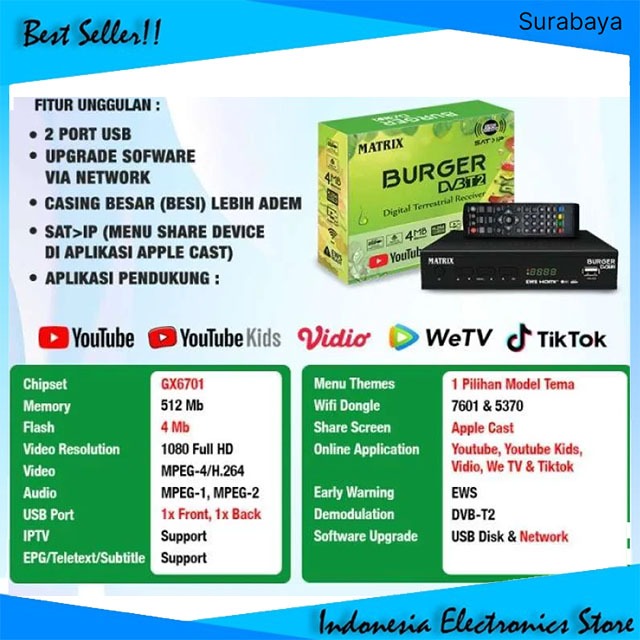 NEW Set Top Box Matrix Burger HD TV Digital STB Apple Hijau DVBT2 UHF EWS IES