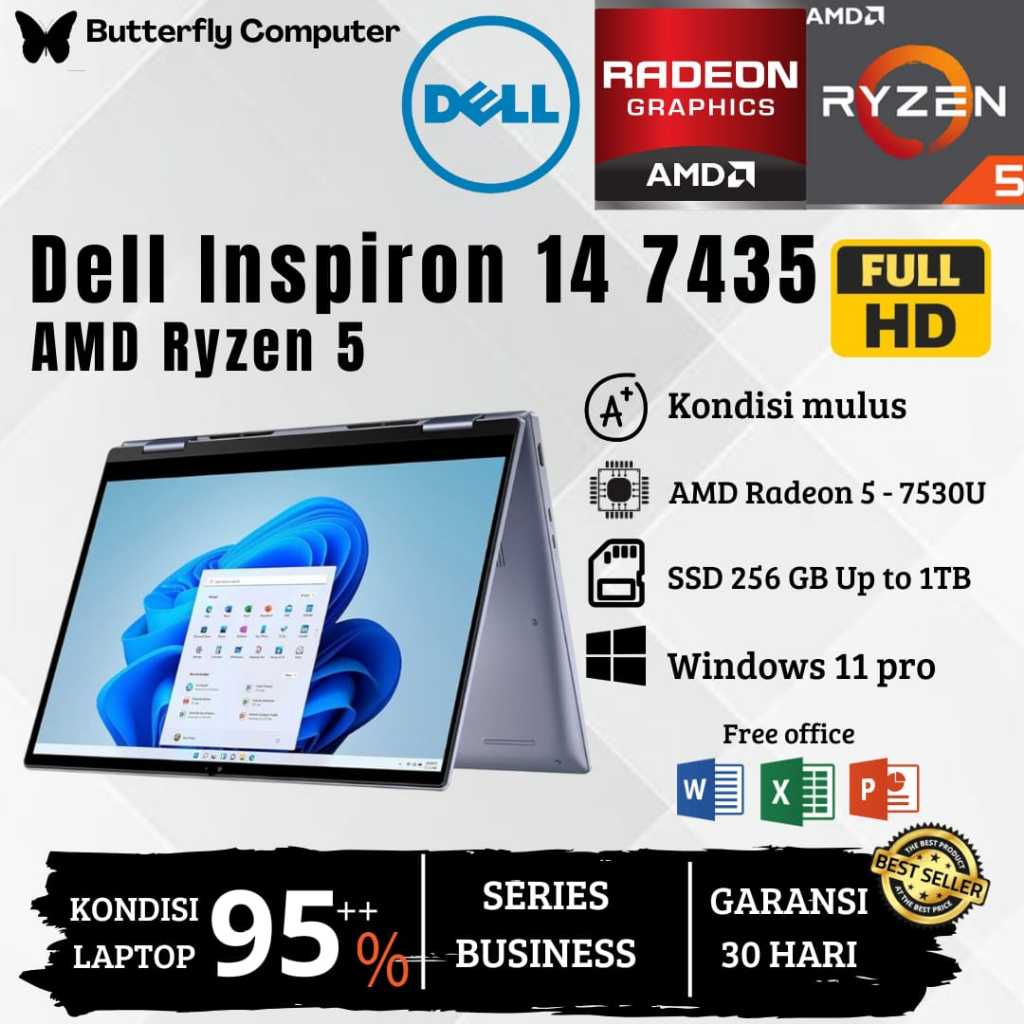 Laptop Dell Inspiron 14 7435 2in1 AMD Ryzen 5 7530U - RAM 8GB SSD 1TB - TouchScreen - Win 11 Pro - F