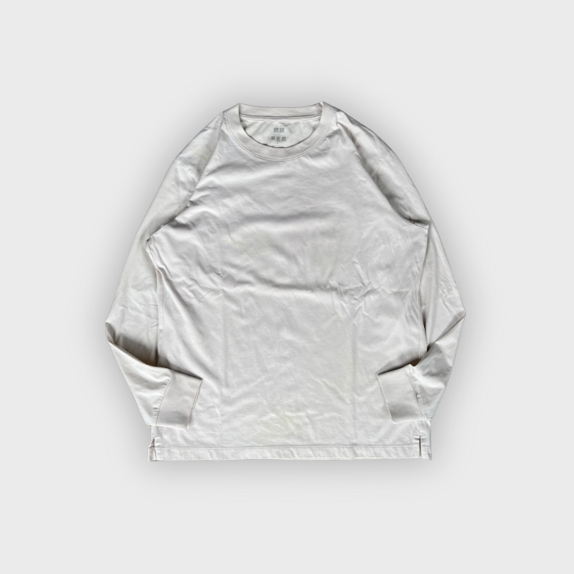 [M-L] Uniqlo AIRism Longsleeve Cream I Vintage Vtg Retro Kemeja Garis-garis Salur Outer Woll Veteran