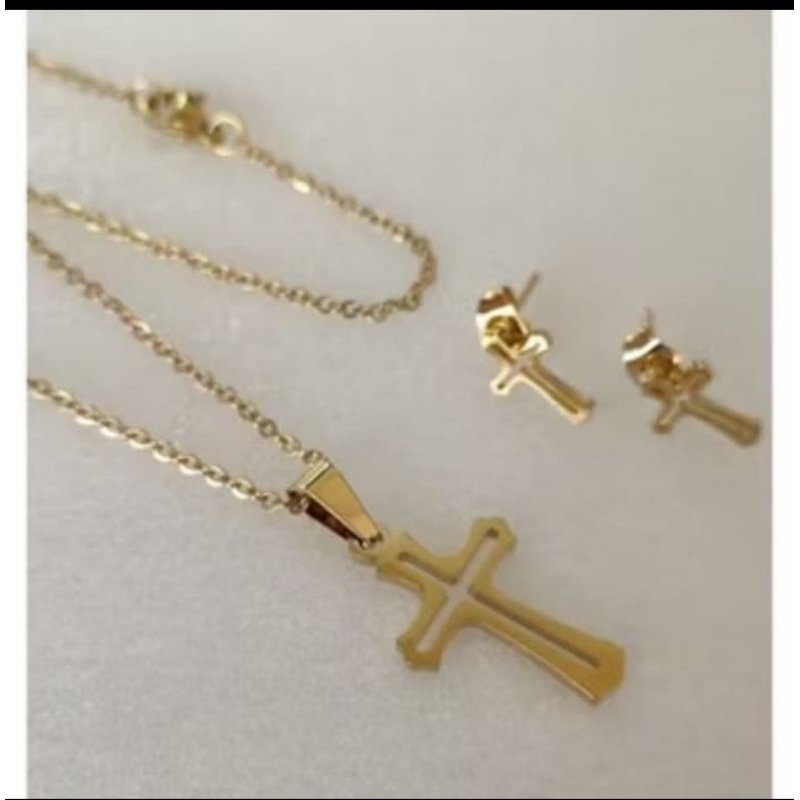 Kalung set anting salib emas titanium asli