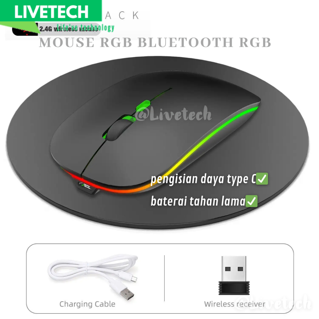 LIVETECH Mouse LED Wireless Bluetooth Mouse RGB Mouse Gaming Silent Click Slim 2.4Ghz 1000/1200/1600