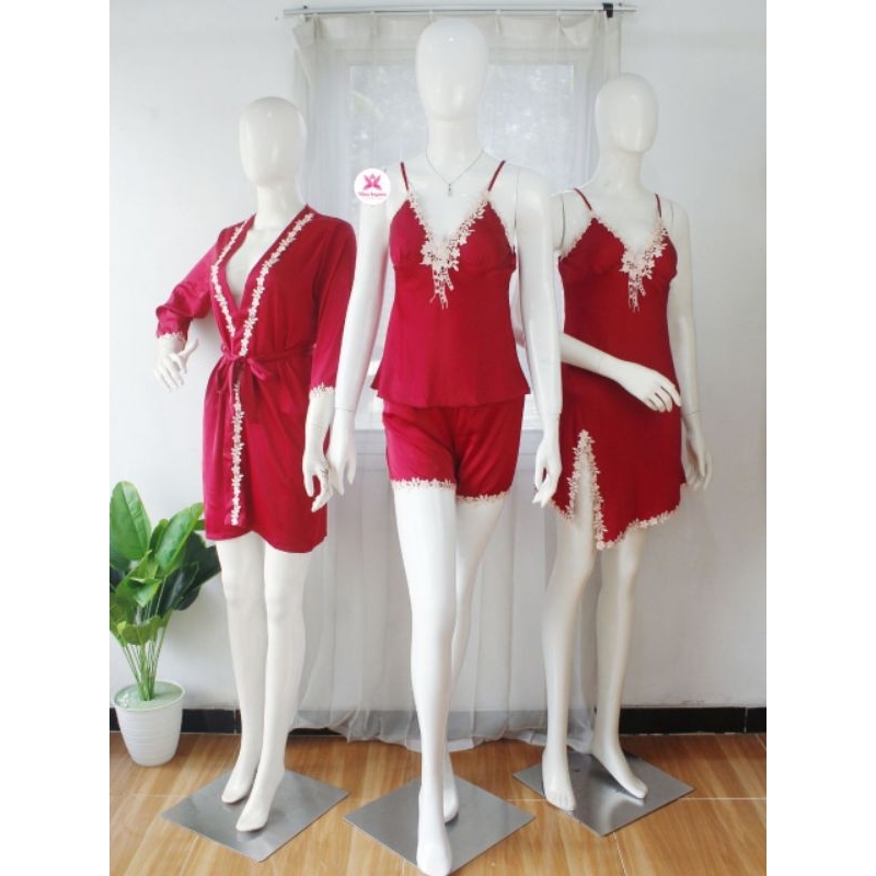 Miss Isyana Set Kimono Silk Cantik Renda Isi 4pcs Paket Hemat Seserahan Nikah Lingerie Kimono Silk C