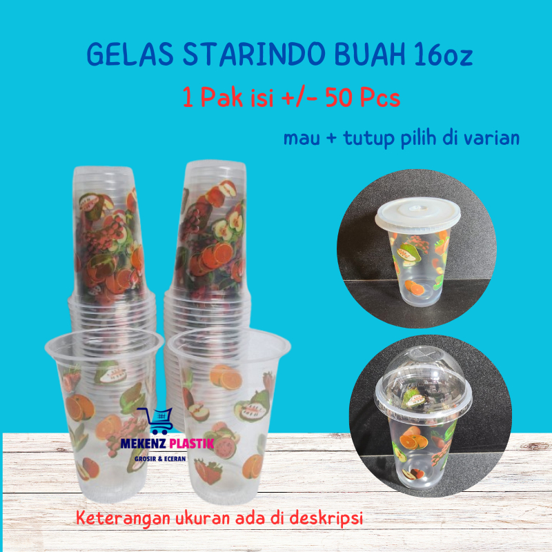 Gelas Cup Plastik Starindo Motif Buah 16oz Isi 50 Pcs
