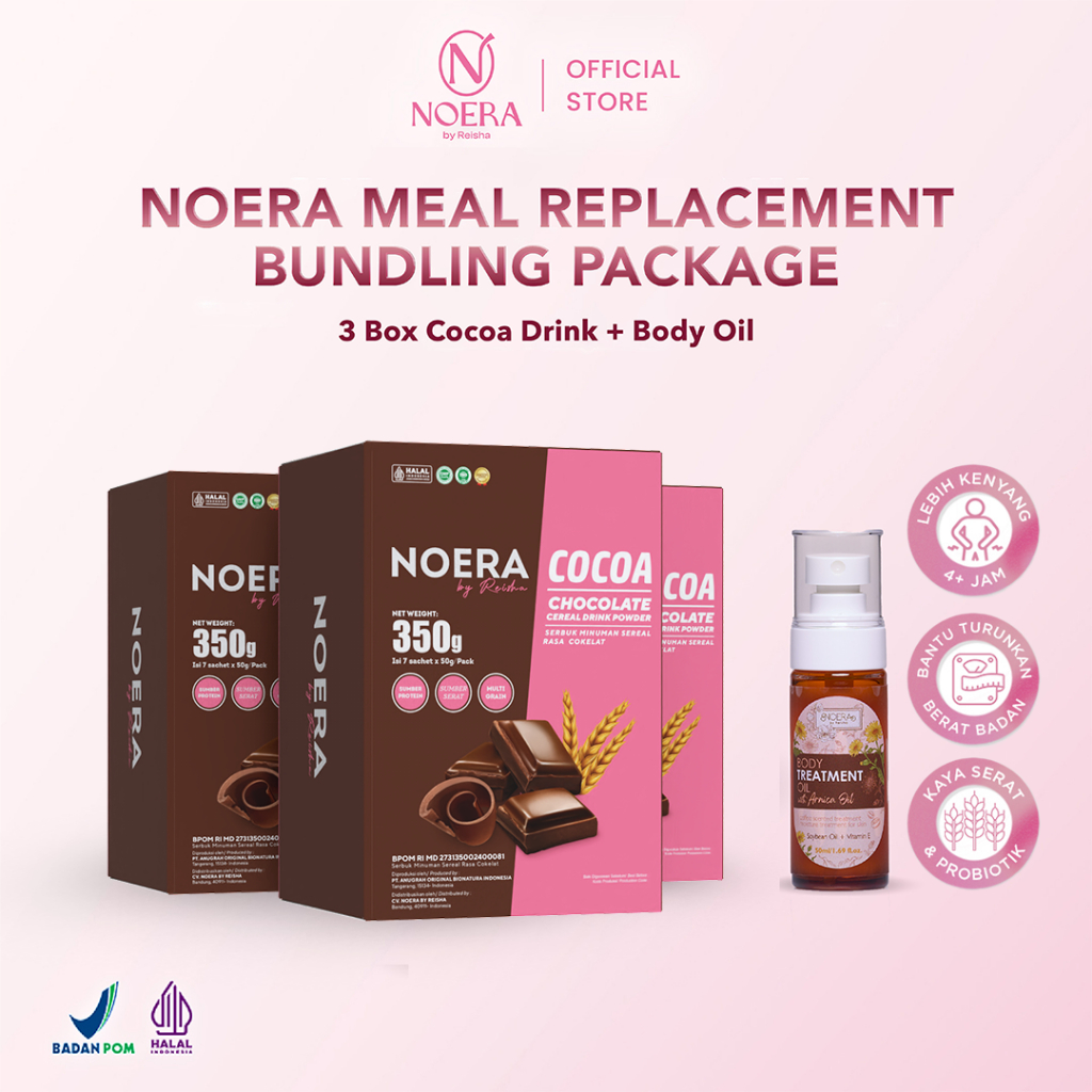 

Noera Paket 3 Box Lean Cocoa + Body Treatment Oil | Noera Meal Replacement | Pengganti Makan | Susu Diet Coklat | Chocolate Cereal Powder Drink
