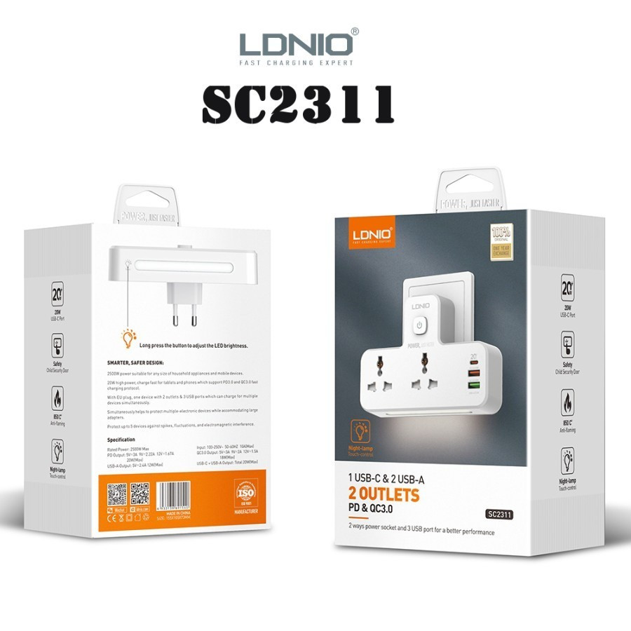 LDNIO SC2311 Colokan Steker 2 Outlet 3 USB 20W with LED Night
