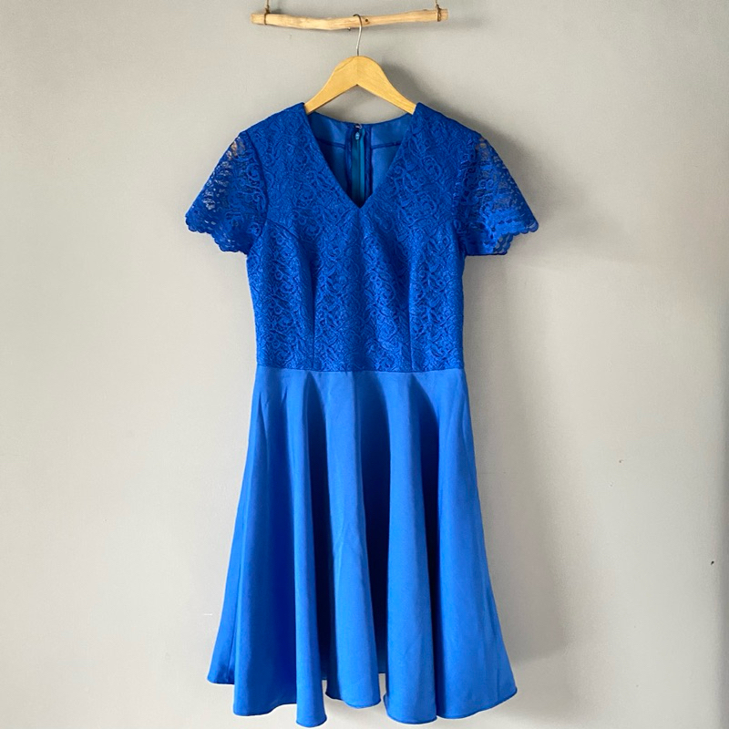 Rok Midi Wanita Brukat Biru Elektrik