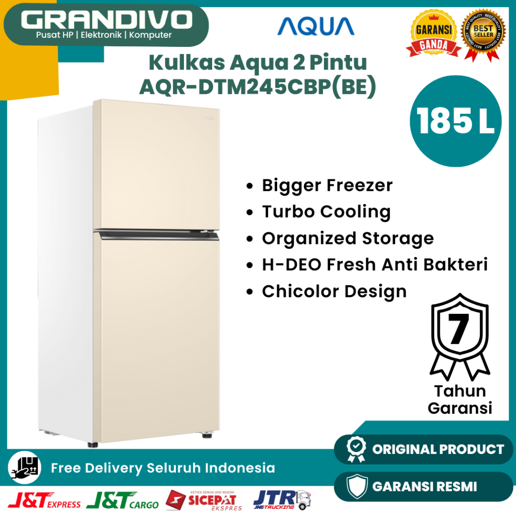Kulkas 2 Pintu Aqua 185 Liter AQR DTM245CBP Tanpa Bunga Es Low Watt Big Freezer Turbo Cooling Anti B