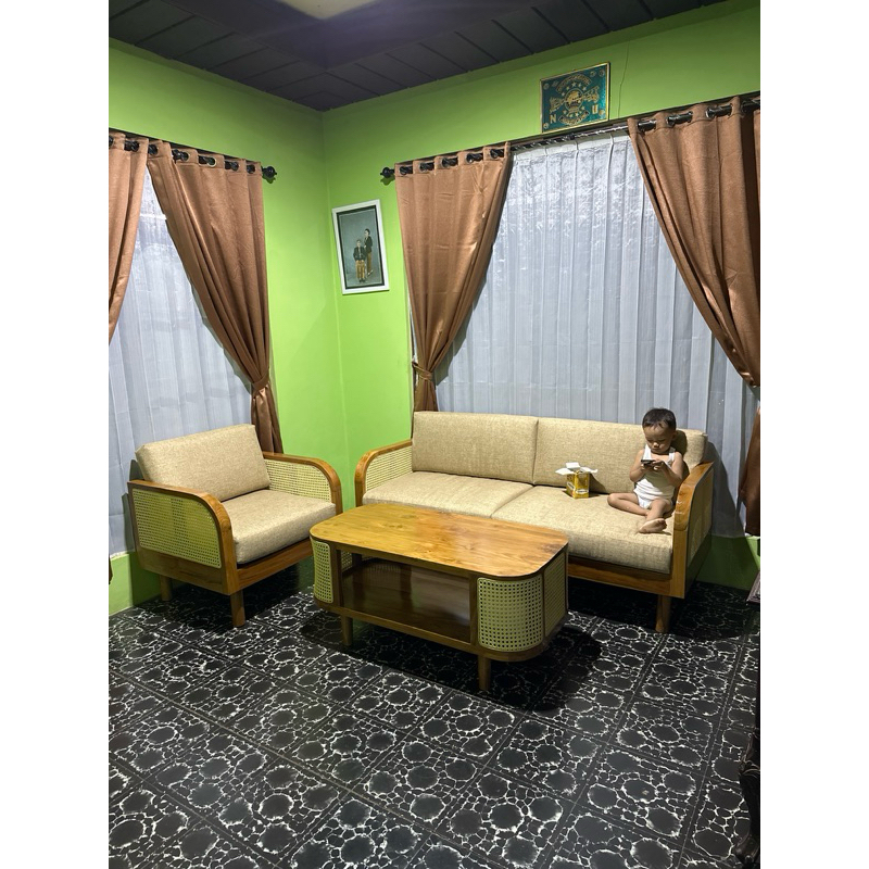 set sofa minimalis kombinasi rotan alami - meja tamu minimalis - set sofa tamu minimalis