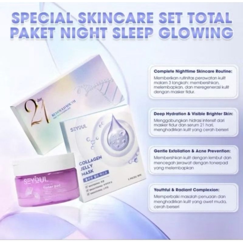 Skincare Night Sleep Glowing, Termasuk Jelly Collagen Mask, Essence 21day, Toner Pad Seyoul Original