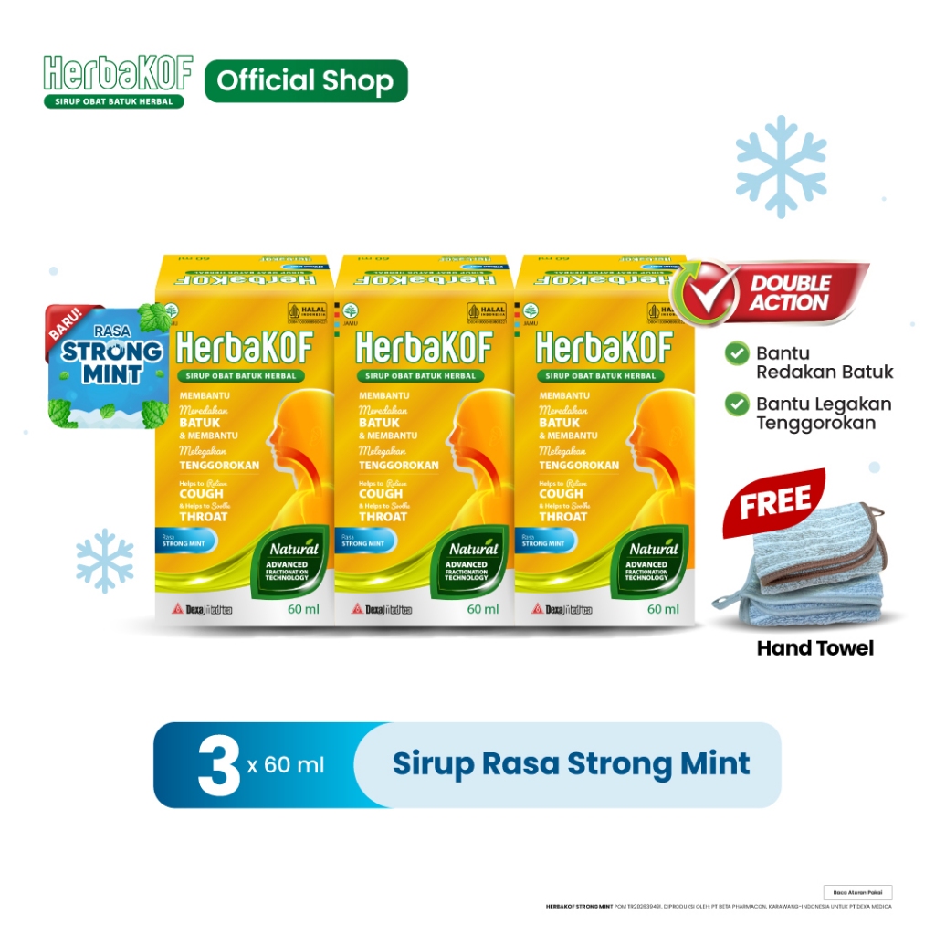HERBAKOF Sirup Obat Batuk Herbal Strong Mint 60 ml (x3) | Free Hadiah