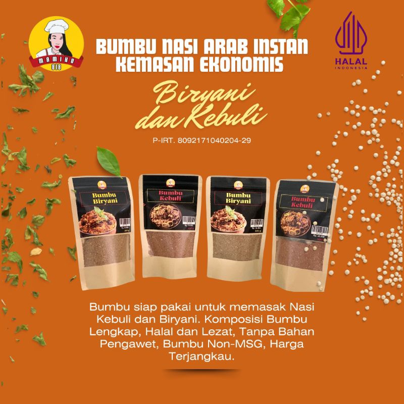 

MAMIKU SNACK - BUMBU INSTAN NASI ARAB KEBULI DAN BIRYANI / BUMBU ARAB / BUMBU KEBULI / BUMBU BIRYANI / BUMBU NASI ARAB / BUMBU INSTAN / BUMBU EKONOMIS