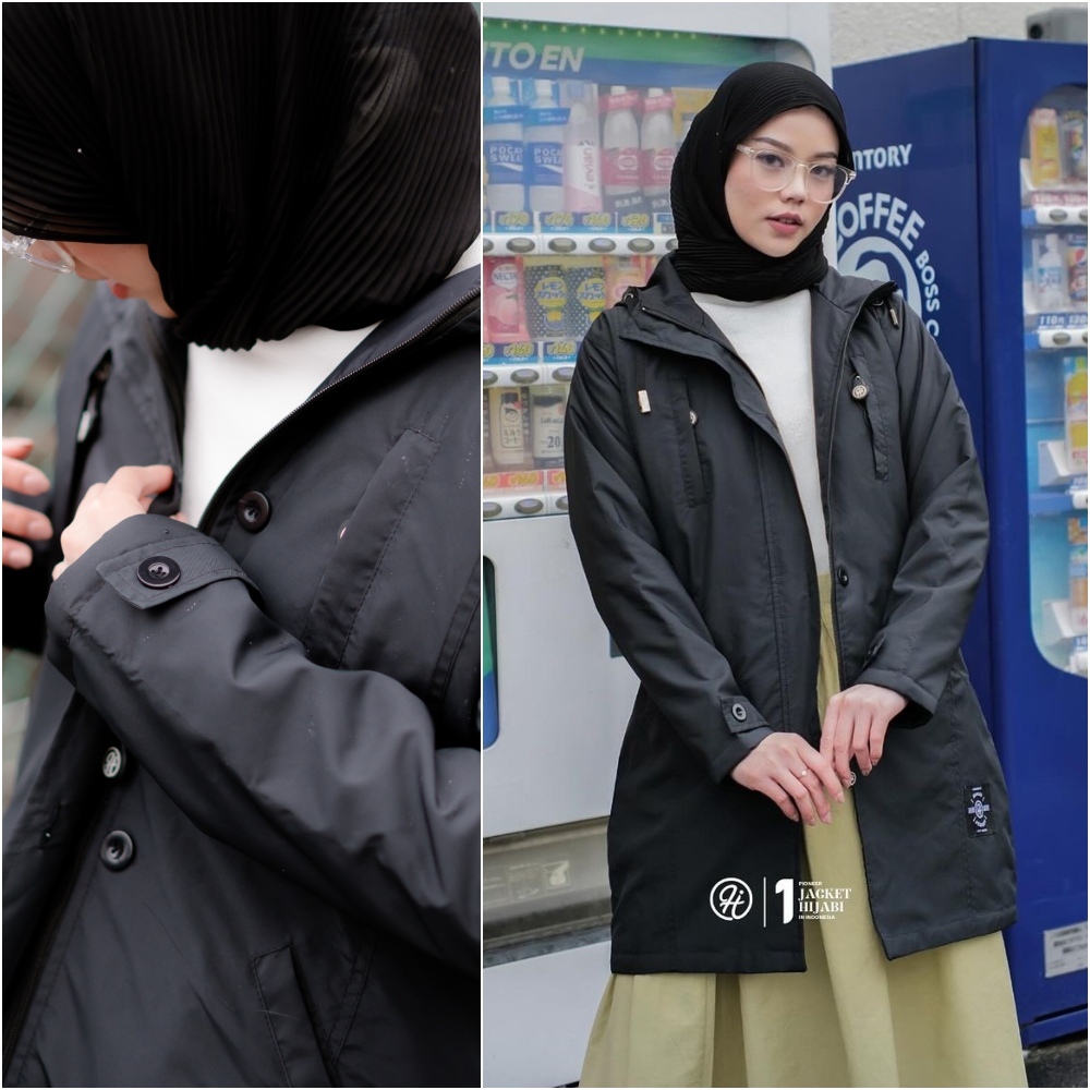 Jaket Parka Wanita Muslimah Syari Jacket Cewek Panjang Hoodie Parasut Parasit Korean Style Hitam IXR