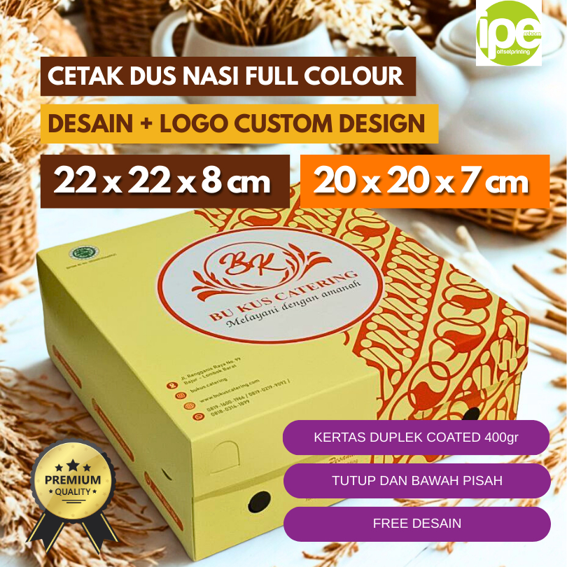 

Cetak Dus Nasi Full Colour Desain + Logo Custom Design, Kertas Premium tebal 400gr, 22x22x8 cm