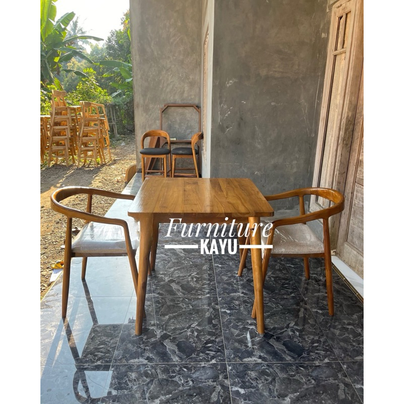 set meja cafe kayu jati, meja cafe 2 kursi kayu jati, meja cafe minimalis kayu jati