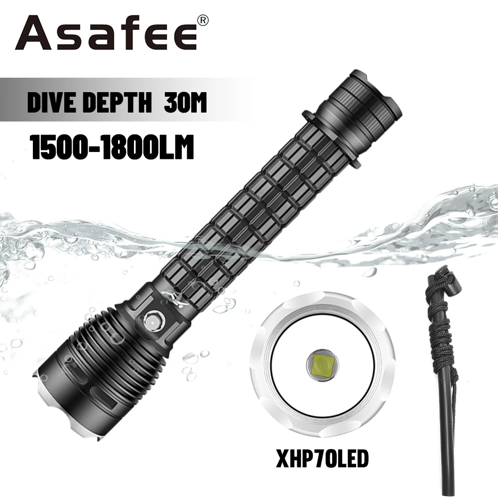 Asafee D815A Diving Flashlight XHP70 LED 1500 Lumen Torch Underwater 200M Waterproof IPX8