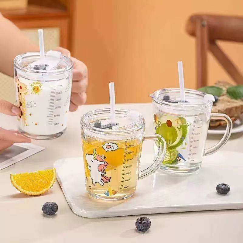 Gelas Minum Kaca Anak Motif Animal 400ML + Sedotan /Gelas Susu botol /Gelas Cangkir Kaca /