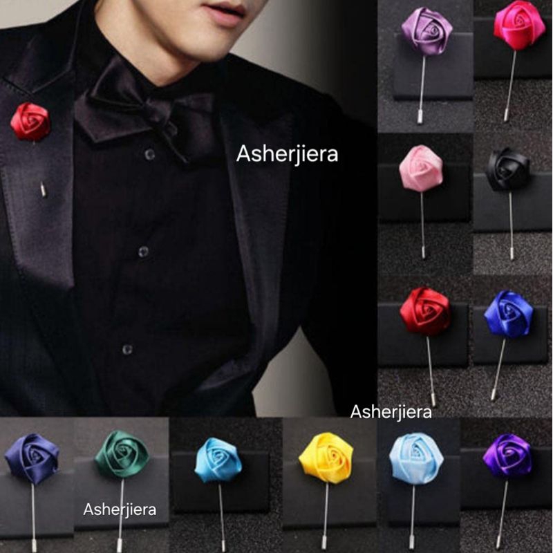 Asherjiera lapel pin jas bunga mawar satin minimalis