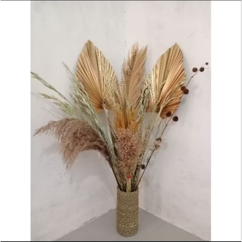 PAKET BUNGA KERING + POT MENDONG + DAUN PALEM KERING + PAMPAS DEKORASI RUSTIC