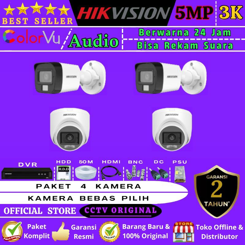 PAKET  HIKVISION  5MP  AUDIO  COLORVU  4  CAMERA  LENGKAP