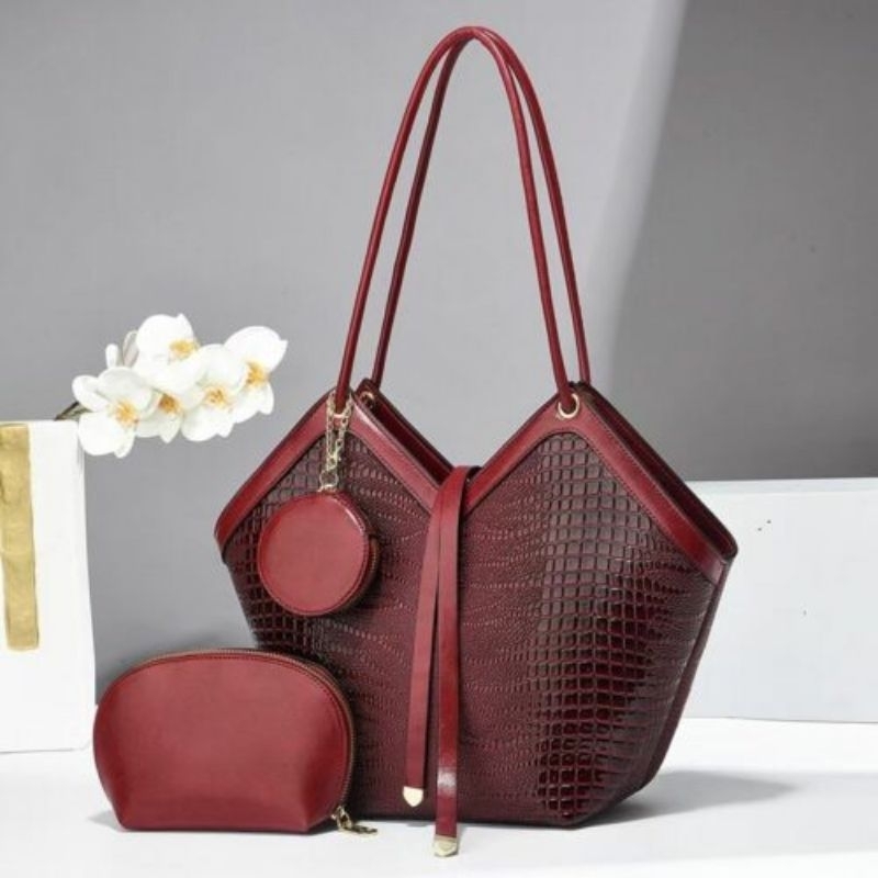 JTF6621-wine Tas Handbag 3in1 Import Wanita Cantik Terbaru