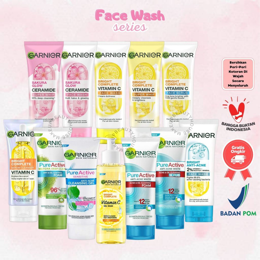 GARNIER Bright Complete (Anti Acne Facial Wash/ Scrub) Sakura Glow (Glowing Face Wash/ Hyaluron