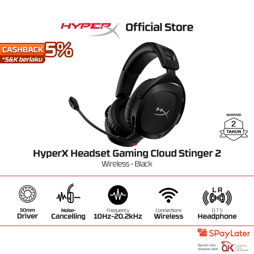 HyperX Headset Gaming Cloud Stinger 2 - Black Wireless Noise Cancelling Spatial Audio Rotatable Leat