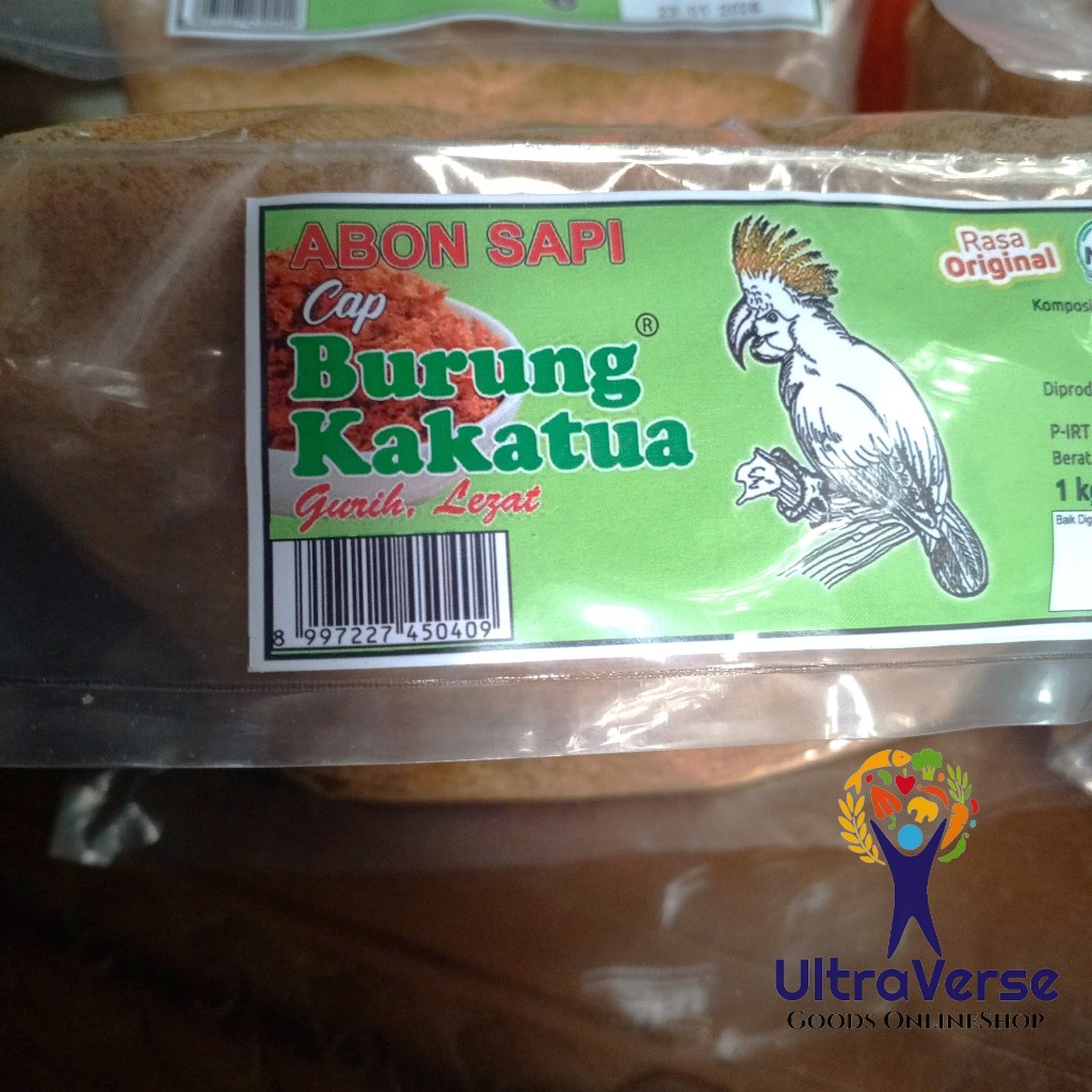 

Abon Sapi Cap Kakatua Boyolali 1kg Cap Burung Kakatua Label Hijau Granul Halus Halal Murah